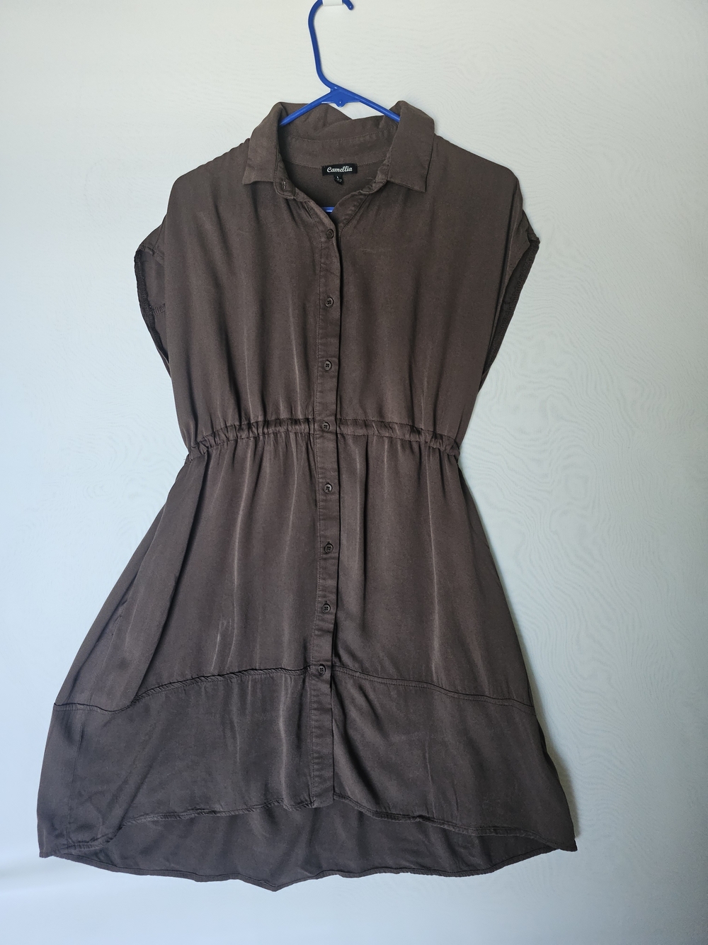 Camellia Brown 100% Rayon Button-Down Shirt Dress with Drawstring Waist - Size L